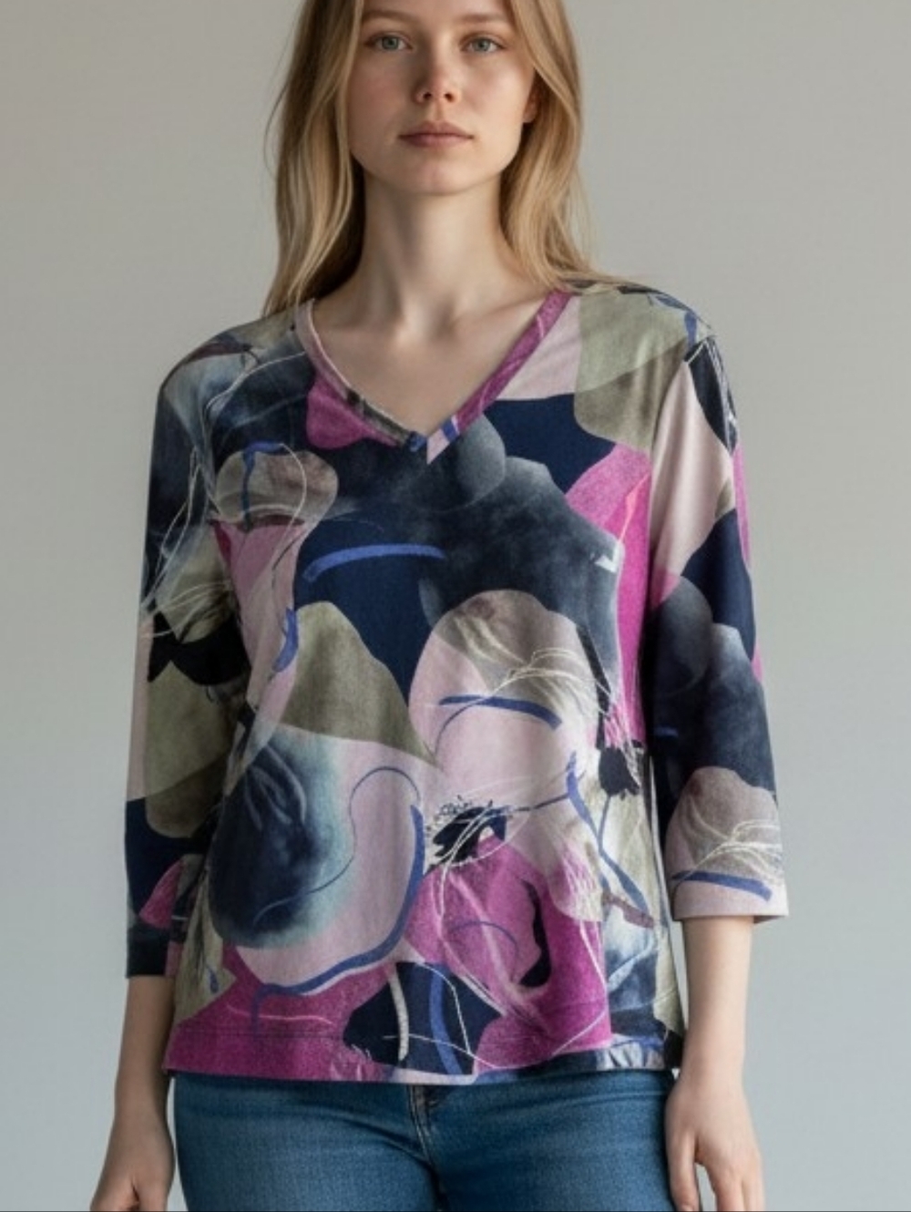 Chico's Multicolor Abstract Three-quarter Sleeve Top